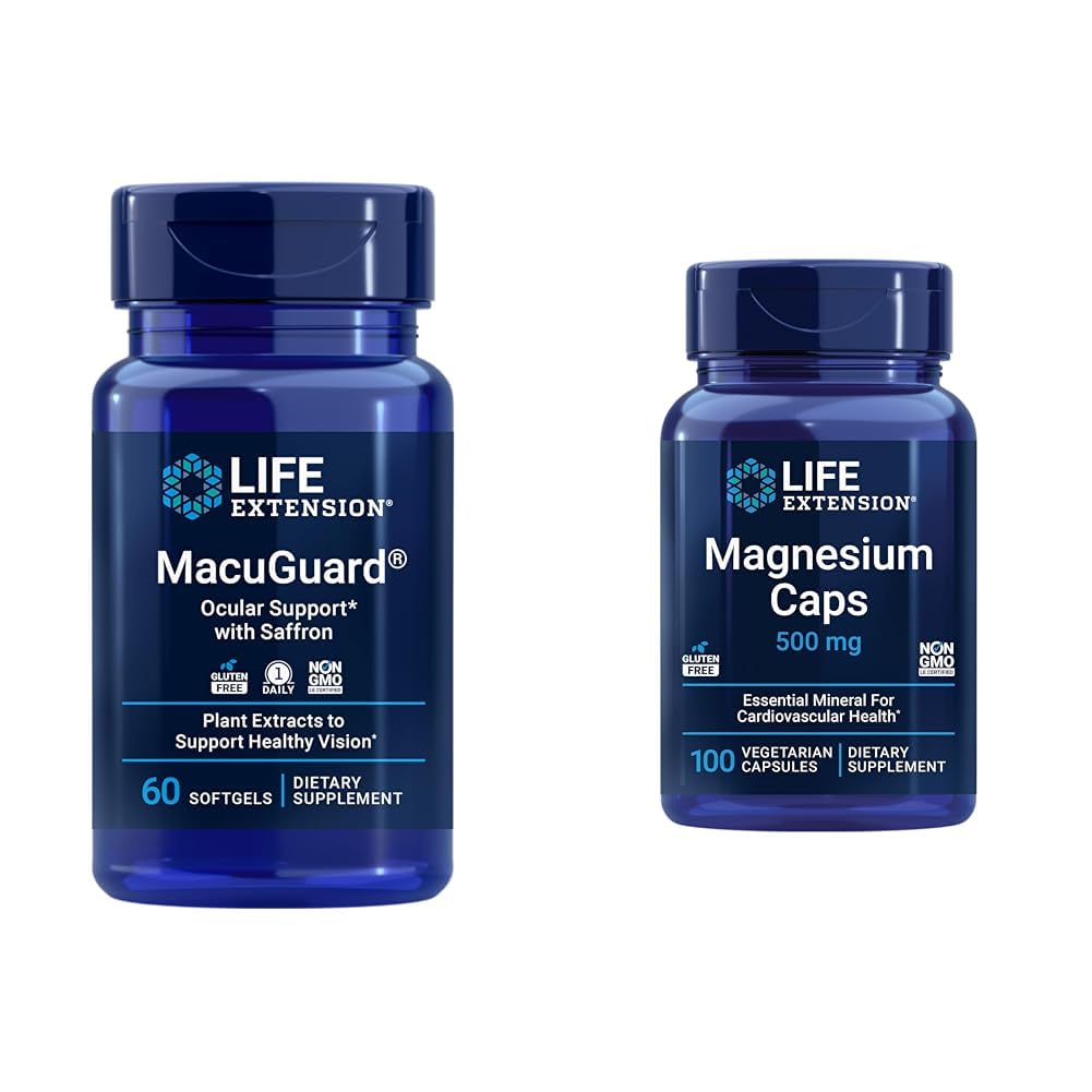 生命延伸 Macuguguard 眼部健康补编,配有Magnesium Capsules 500mg-Lutein, Zeaxanthin, Meso-zeaxanthin 和 Saffron 健康视觉-60 软胶和100 蔬菜 Capsules