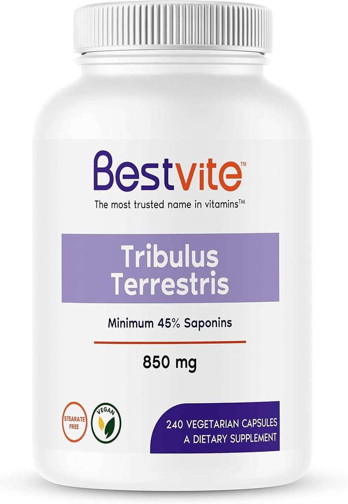 BESTVITE Tribulus Terrestris 850mg / Capsule (240 蔬菜卡普勒斯) - 标准化提取法 - Min 45% Saponins - 无 Stearates - 无二氧化硅 - 无填充剂 - Vegan - 非转基因 - Gluten Free