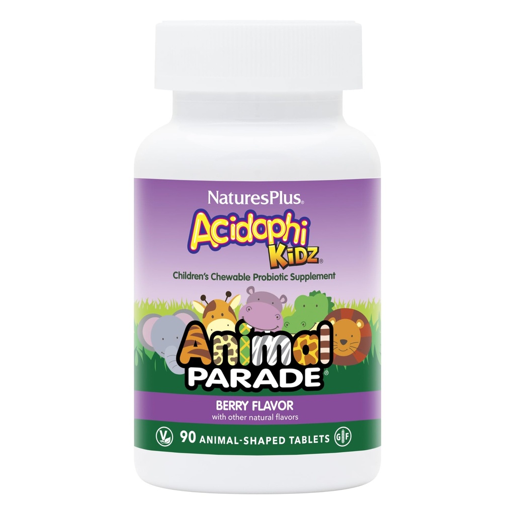 NaturesPlus Animal Parade AcidophiKidz, Berry Flavor - 90 可嚼,动物形状片 - 包2 - 配有Probiotics,FOS & Grape种子 - 180 总服务
