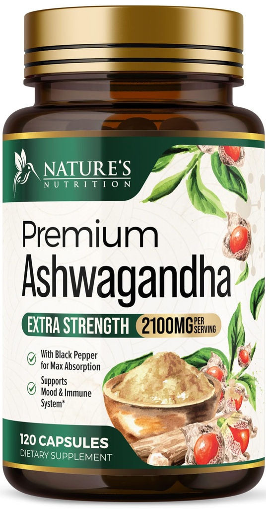 Ashwagandha 补编 - 2100mg Ashwagandha Capsule for Men & Men, 天然抗氧化剂支持, Ashwa 根提取, 外力冷静支持与黑辣椒, Vegan & Gluten Free - 120 Capsules