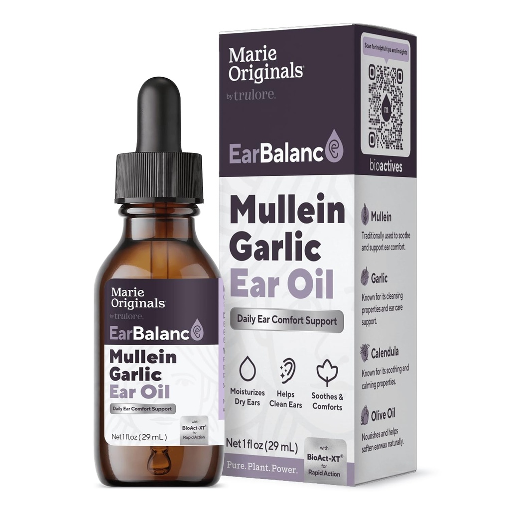 Marie Orients Natural Ear Oil Drops 防止感染的Mullein Garlic Oil Ear Drops 成人、儿童与宠物、Soothes Ear Pain & Wax 清除、耳蜗补救(1包)