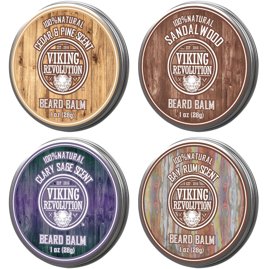 维京革命 4 Beard Balm Variety Pack (每个1oz) - 桑达尔伍德,松树和雪松, Bay Rum, Clary Sage - 样式,加固和柔软的胡子和胡子 - 男子蜡