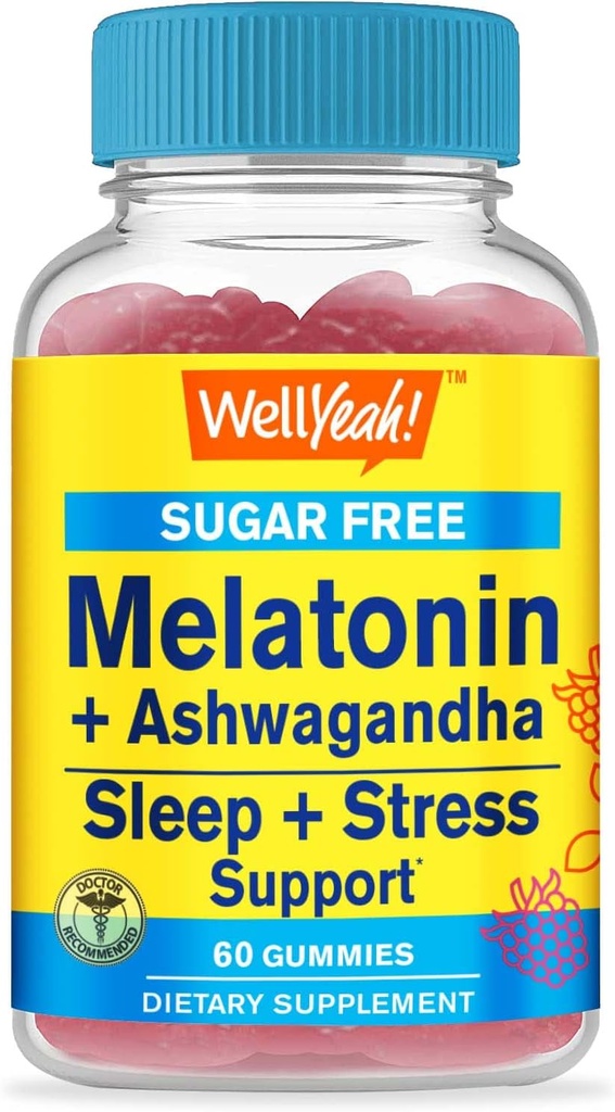 Wellyeah Melatonin(2mg)与Ashwagandha(850mg) 糖无糖(Sweet Free Gummys) - 睡眠和压力援助补充 - 与夏莫米利,莱蒙巴尔姆,拉文德,和瓦莱里安 - 天然源火 - 60个伯爵