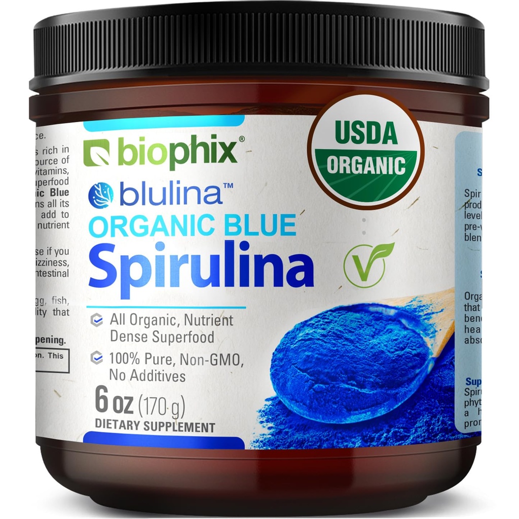 蓝螺旋藻(Bluirulina) 有机Blulina 6 oz - 藻类有机螺旋藻(Algae Organic Spirrulina Powder 170 services - 超级食物补充剂 - 天然蓝色素 - Espirulina en Polvo Organica Pura Azul