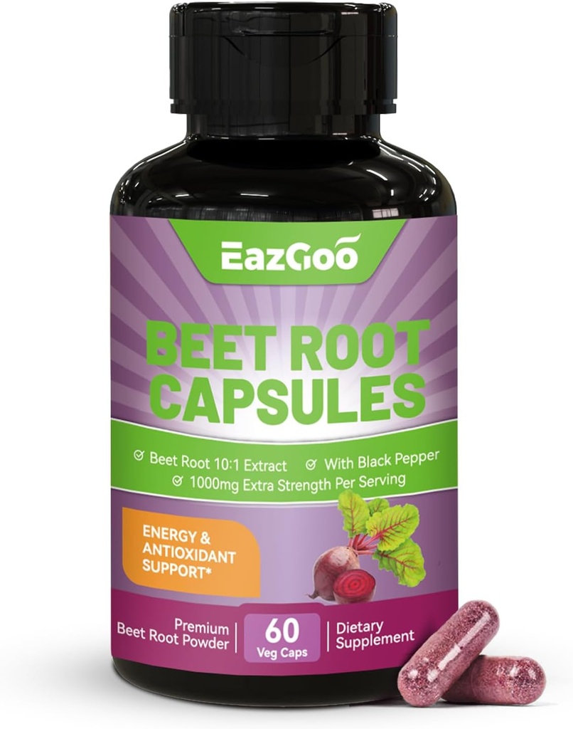 Beet Root Capsules 1000 mg Perference, 支持硝氧生产与血压, 配有黑椒抽取, 非GMO, Gluten Free, Vegan - 60 Counts