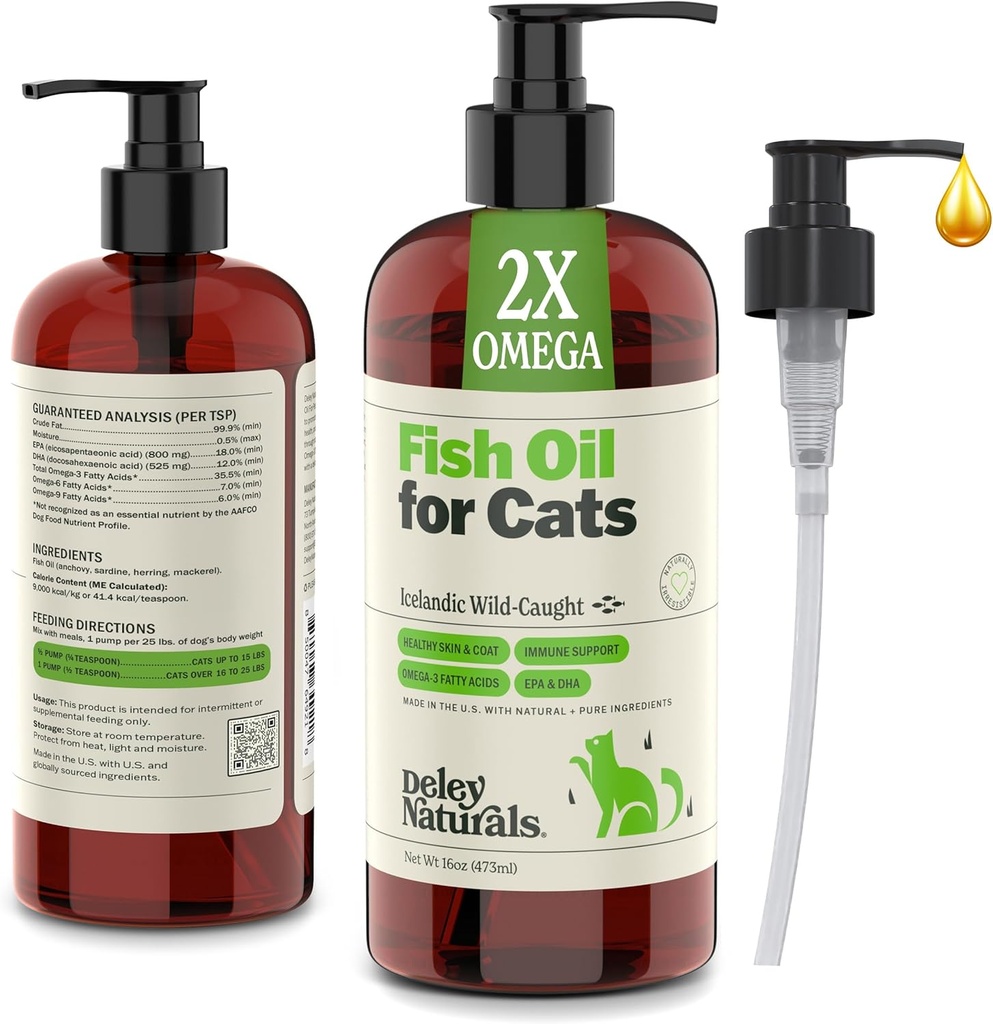 Deley Naturals Wild Caught Fish Oil for Cat with 2X Omega – Cat Fish Oil with High EPA & DHA Potency – Omega 3 for Cats for Shedding, Skin, Coat, Joes, Heart and Immune System – 在美国制造.