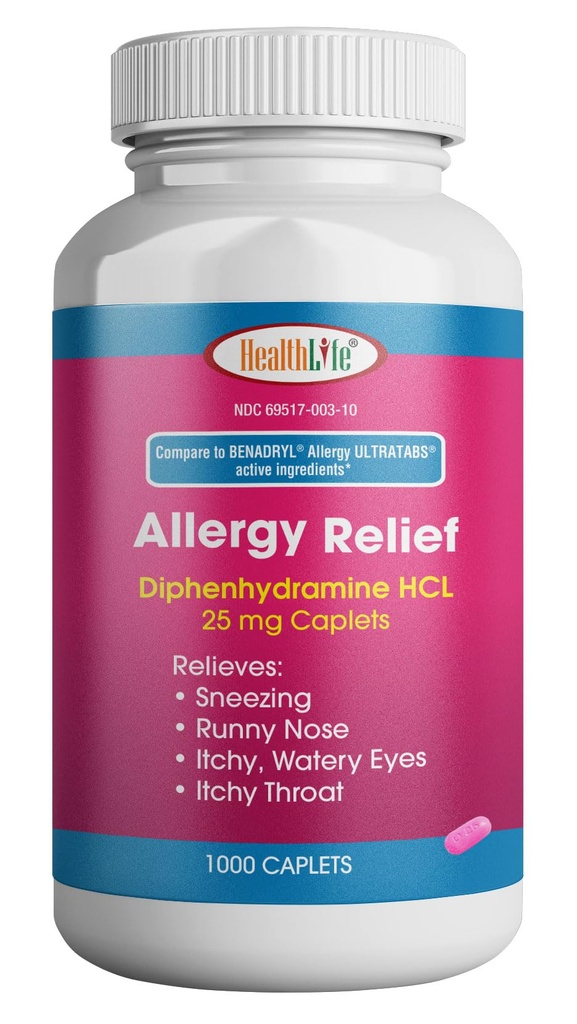 HEALTH LFE 过敏性缓解、药物二苯胺HCl Caplets, 25 mg 儿童与成年人 { 释放喷嚏、Runny Nose、Hay Fever症状、痒眼和喉咙(大千分百计)