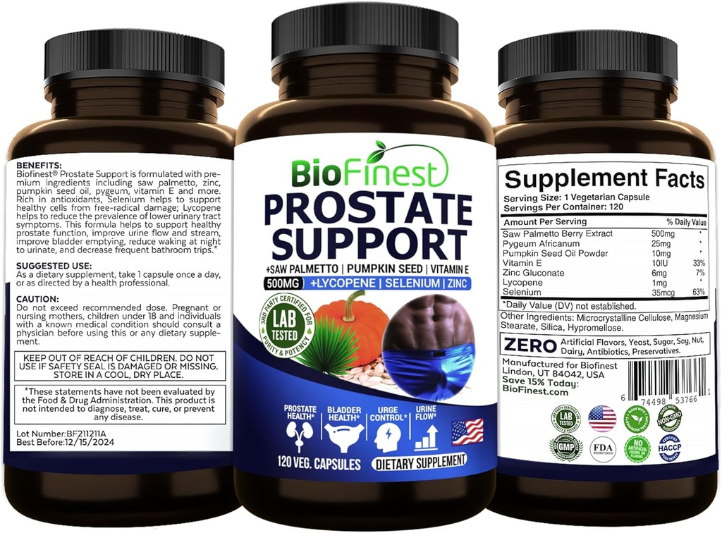 男子前列腺支持- Saw Palmetto Lycopene 南瓜种子 Pygeum Zinc Selenium - 健康尿液流 Bladder 前列腺维生素补充剂 - 美国制造(120 Veg. Capsule)