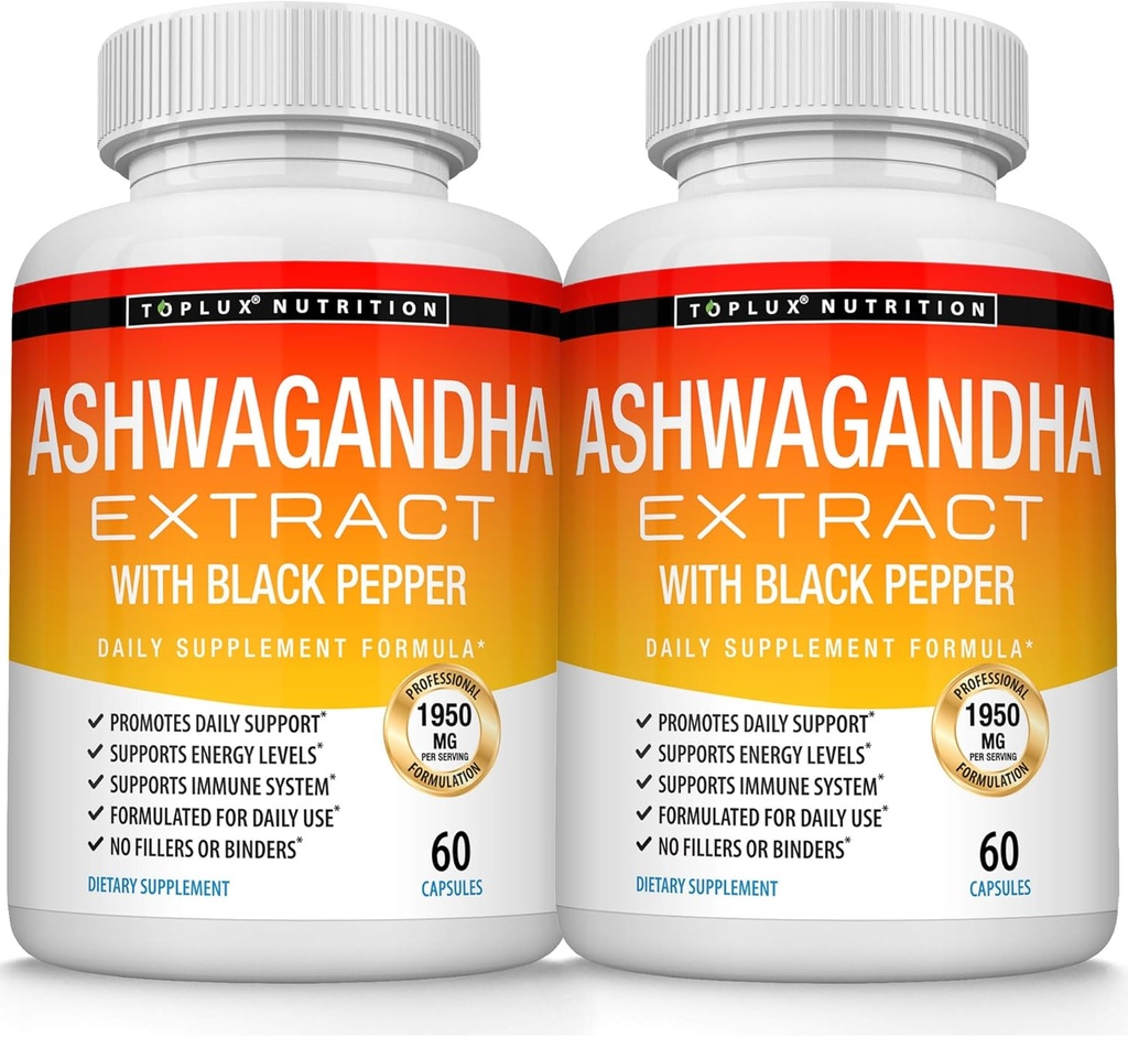 有机Ashwagandha 根粉丸 1950 Mg 与黑胡椒提取剂-纯天然Ashwagandha 补充剂,支持能源,男子,60卡普勒斯