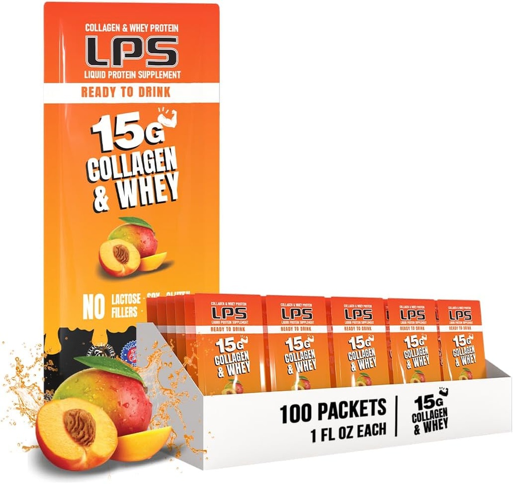 营养设计 LPS 液体Collagen & Whey蛋白补充剂 - 非GMO饮料,无糖 - 促进男女健康皮肤和头发,桃芒果,单服务(100包)