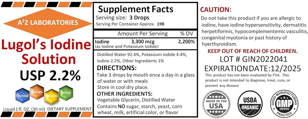通用 A2Z 有机Lugol 碘和碘钾2.0% 溶液, 1 Fl Oz - 用于甲状腺支持的液体补充滴液,解毒,代谢,美国制造