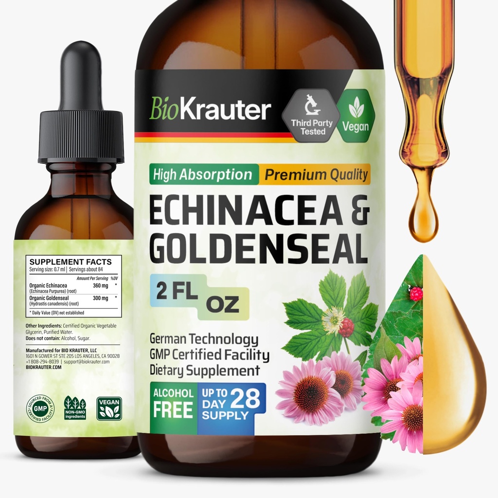 BIO KRAUTER Echinacea和金矿根液体提取 - 天然免疫支持 - Echinacea Drops with Goldenseal - Vegan,酒精和无糖丁酸 - 2 Fl.Oz.