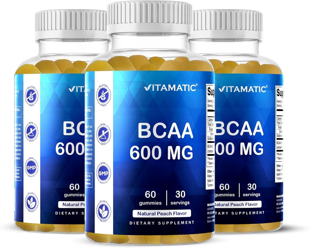维生素BCAA Gummys - 分支链氨基酸补充剂 - 桃花瓶 - 每服600mg - 60 Vegan Pectin 基于Gummys(3瓶)