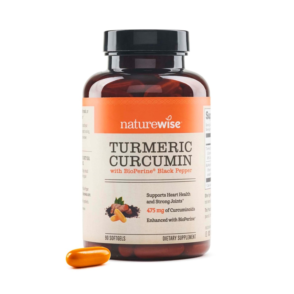 NatureWise Turmeric Curcumin 500 mg 配黑椒软胶 - 外加强度,强化吸收 - 95% Curcuminoids & BioPerine 用于免疫支持 - Gluten - 无GMO - 90 Counter [3 - Month Supplement]