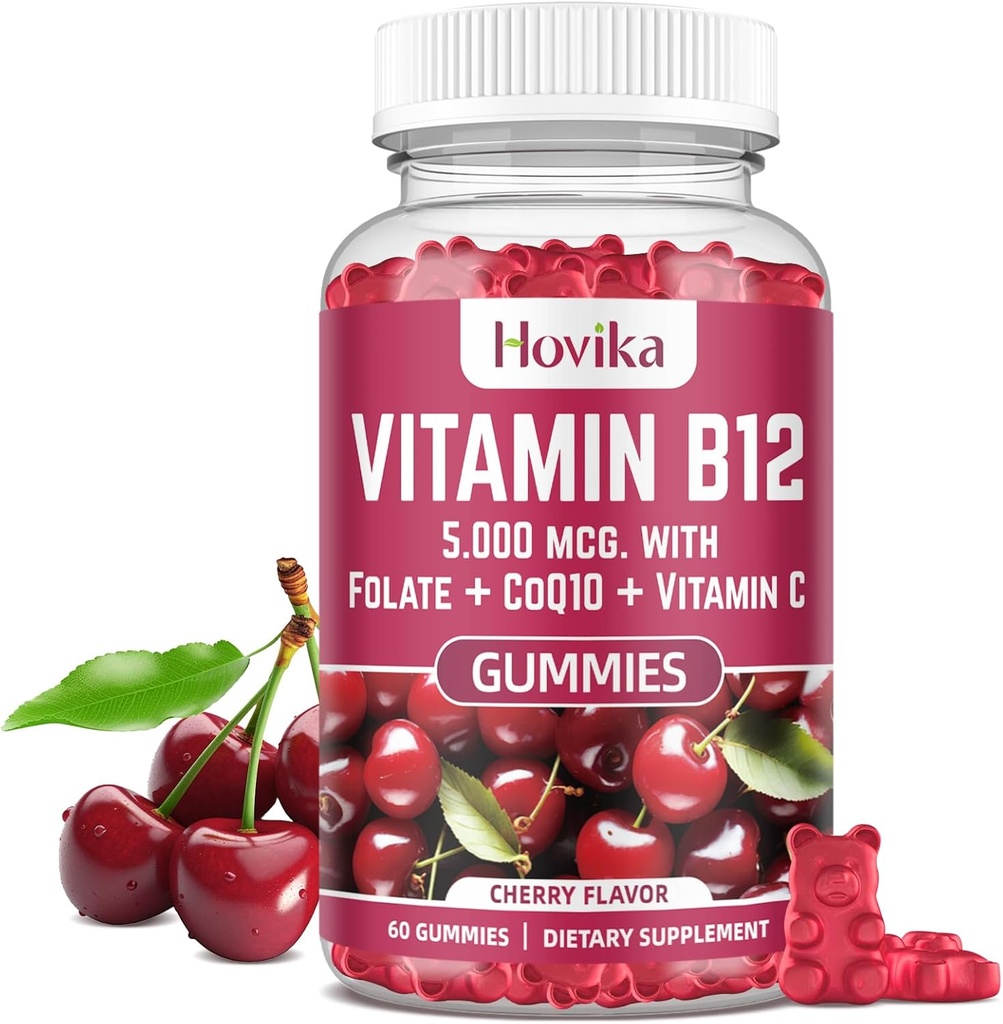 维生素 B12 复合物 5000 mcg 甲基 B12, Adenosyl B12 & Hydroxy B12,配有Coenzyme Q10, Folate, Vitamin C, Chewable B 12 能源支持,代谢, Bone 健康 - Cherry Flavor