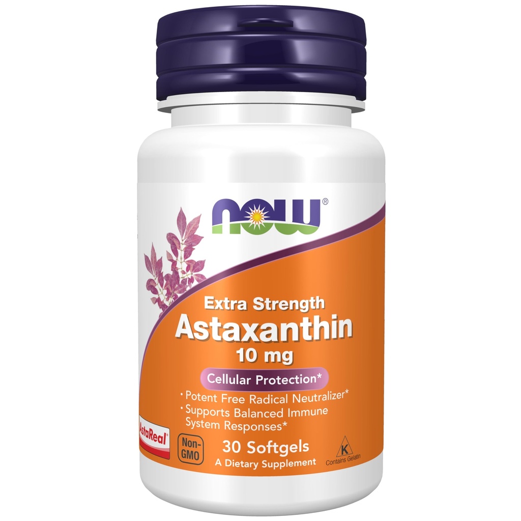 Now 食品补充品,Astaxanthin 10mg,超强,来源于非GMO Haematococcus Pluvialis Microalgae,自然有Lutein、Canthaxanthin和Beta-Carotene,30软胶
