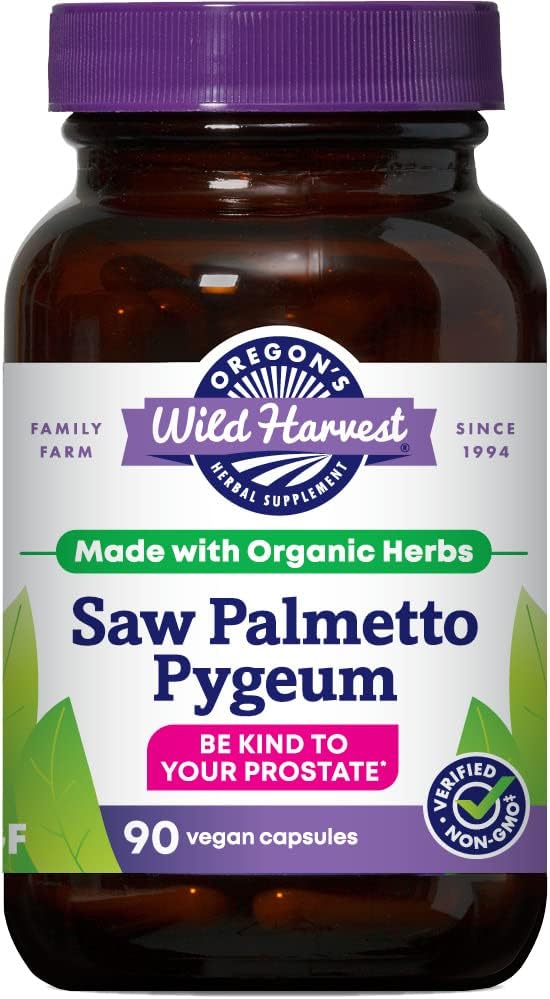 俄勒冈州的野生收获 Saw Palmetto Pygeum Capsules, N-GMO 有机草药补充品, 90 Counter