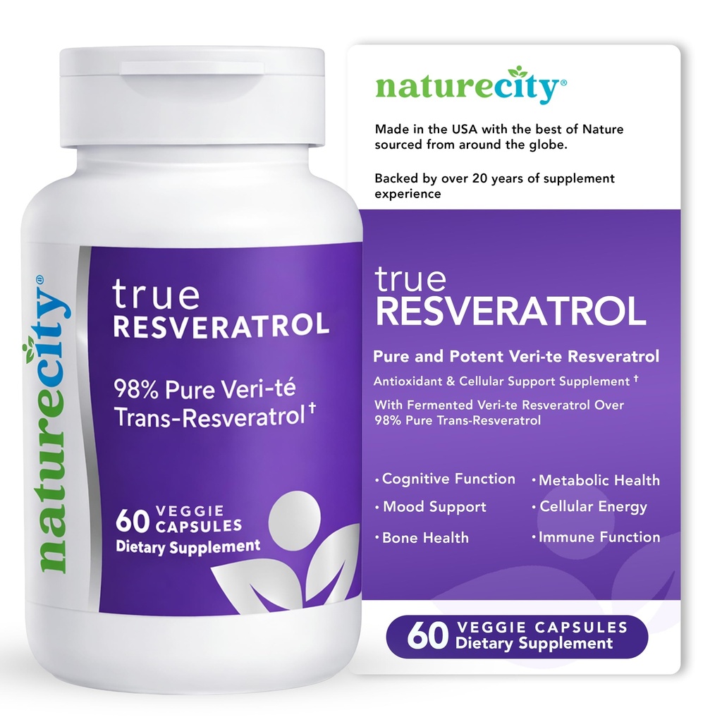 NatureCity TrueResveratrol – Resveratrol 补充和抗衰老支持,对心脏,免疫,骨骼和认知健康有75mg的跨Resveratrol(98%纯Veri-te) → 60 Veggie Capsules
