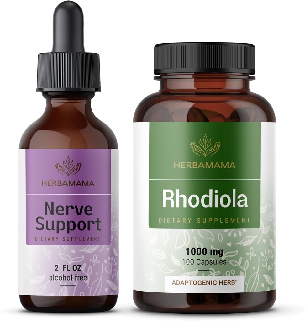 HERBAMAMA NERVE支持和Rhodiola Kit - Bundle of NERVA支持液态复合体 2 fl oz & Rhodiola Rosea Capsules - Vegan,非GMO,糖和无酒精,2 Pack