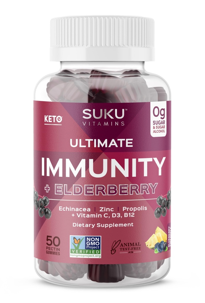 SUKU 维生素 - 终极豁免 - 老年莓 Echinacea 和 Propolis Gummys 支持免疫, 易为 Chew - 非转基因生物, Gluten 无糖 - 石榴酸液 Flavored Gummy Vitamins, 50 Counter