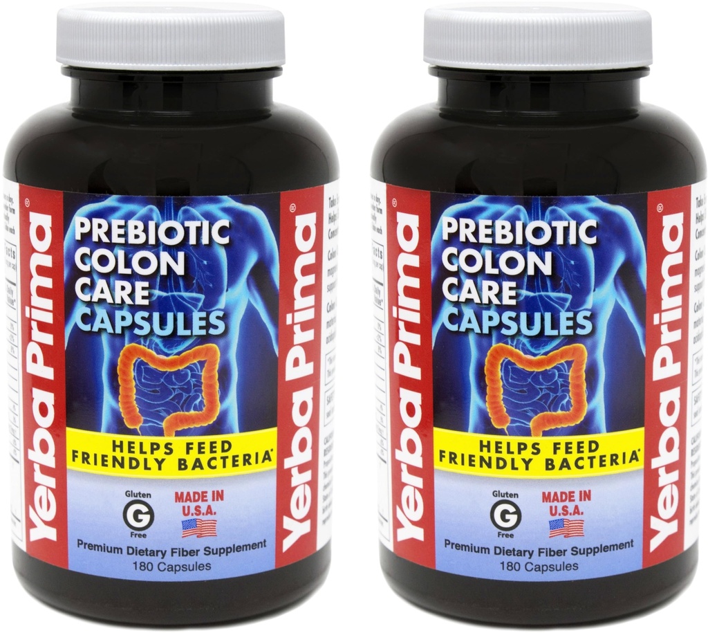 Yerba Prima Prebiotic Colon Care Capsules Deatary Fiber, 180 Counter, (Pack of 2) - 五种纤维加FOS Prebiotics 补充 - 可溶性和不溶于常规性和消化性支持