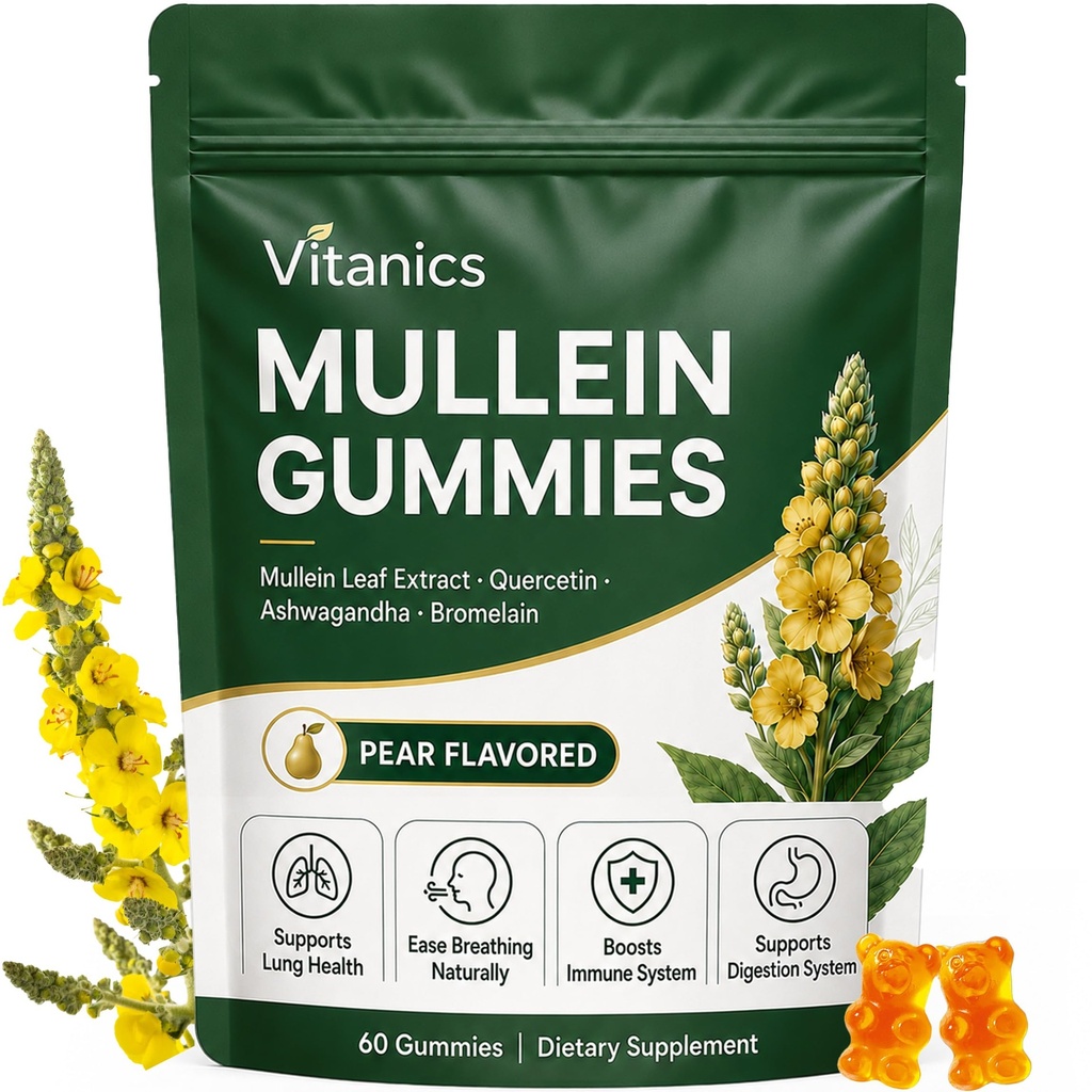 Mullein Gummys,《呼吸卫生日报》,Gummys, 1000mg Mullein Leaf 草药抽取、梨花、肺健康和辛纳斯救济(30天供应)