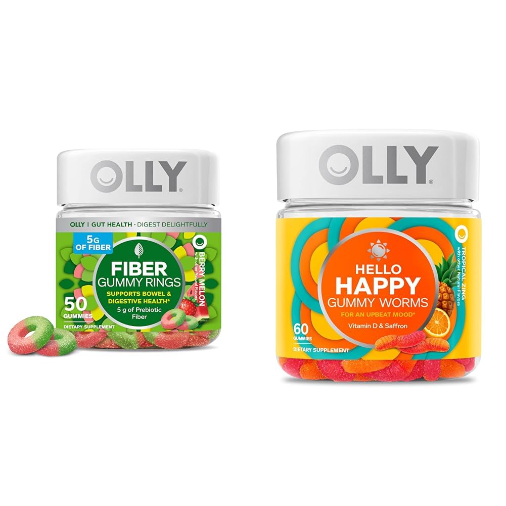 OLLY Fiber Gummy Rings, 5g Prebiotic Fiber, FOS (Fructo-oligosaccharides), 消化支持和 Hello Happy Gummy Worms, 茂德平衡支持, 维生素D, 沙弗龙, 成人厨艺补编