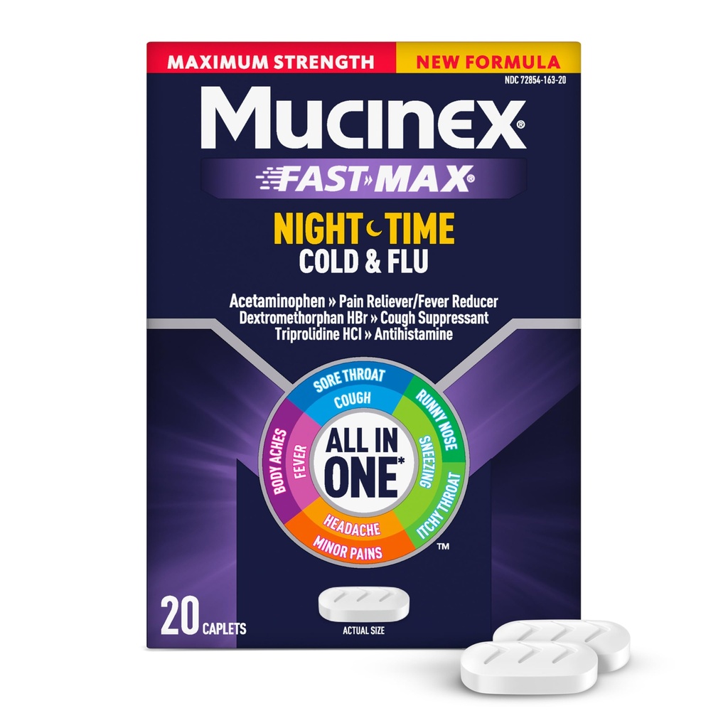 Mucinex Nightshift Cold & Flus, 最大强力多音节夜间救济, 20个快速释放卡片 - 疼痛解脱器/降火器, 咳嗽抑制剂, 抗希斯泰胺