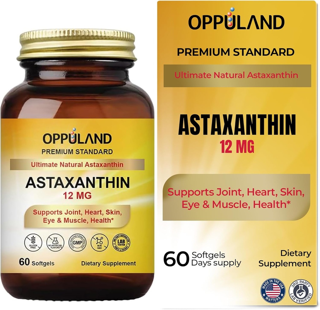 Astaxanthin 12 mg = = 60 Softgels = 支持联合、心脏、皮肤和肌肉健康