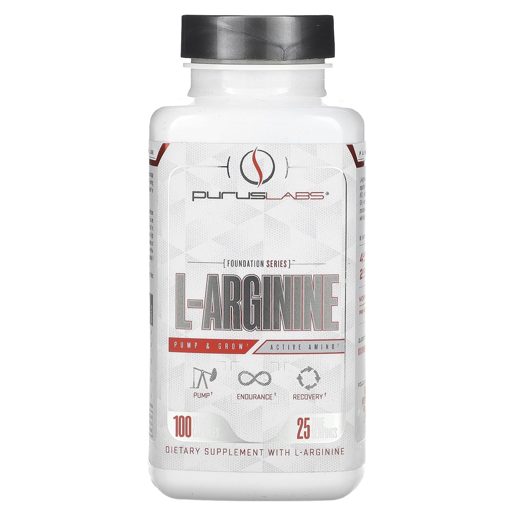 Purus Labs L-Arginine 活性氨基酸 | 耐力,泵,和肌肉生长 | Nitric Oxde 促进血液流动 | 25 服务,100 Veggie Capsules