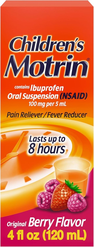 儿童Motrin口服悬浮药,100毫克Ibuprofen,儿童小痛减压剂和止痛剂,因冷和流感引起的疼痛,无酒精,Berry Flavored,4 f.