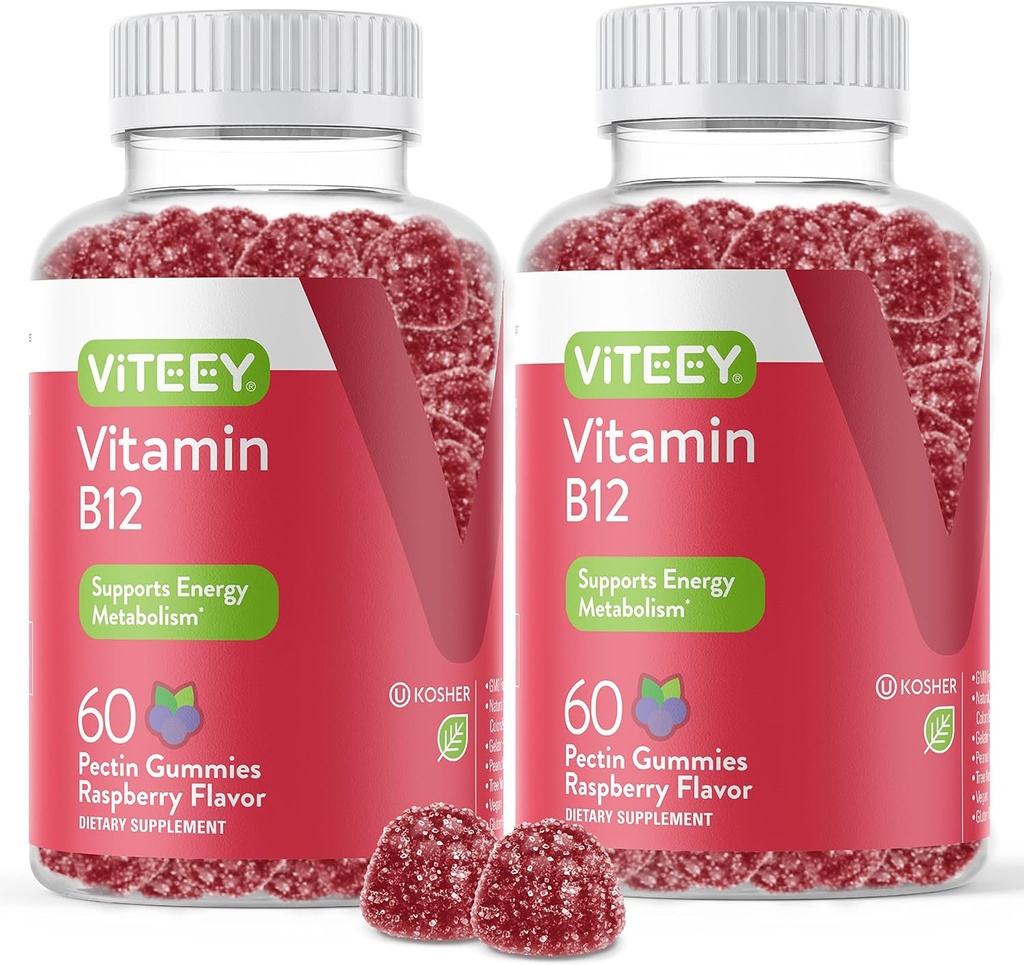 VITEEY 维生素B12 Gummys - 认知支持和能量Gummys - 维根, Gelatin Free, Gluten Free - 60 Counter (英语).