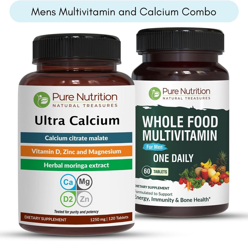 纯营养超钙1000mg和全食品 Mens Multivitamins 1500mg用于健康骨骼,关节和整体健康. 超钙 90 Tabs + Mens 多维坦 60 Tabs.