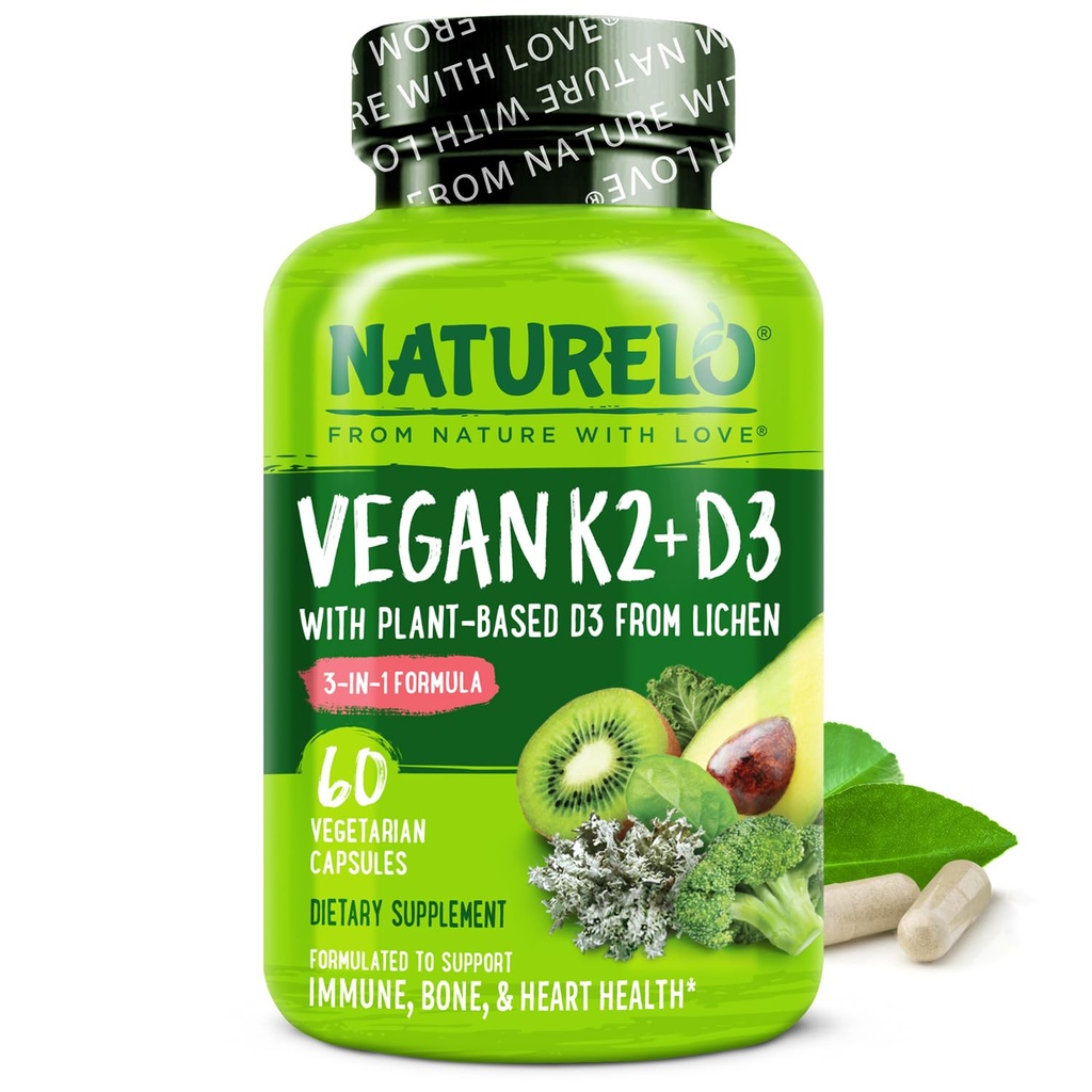 NATURELO 维生素 D3 K2 - Vegan与植物基 D3 来自Lichen - 免疫系统自然补充,骨支持,心脏健康 - 全食 - 非GMO - Gluten Free, 60 Capsules