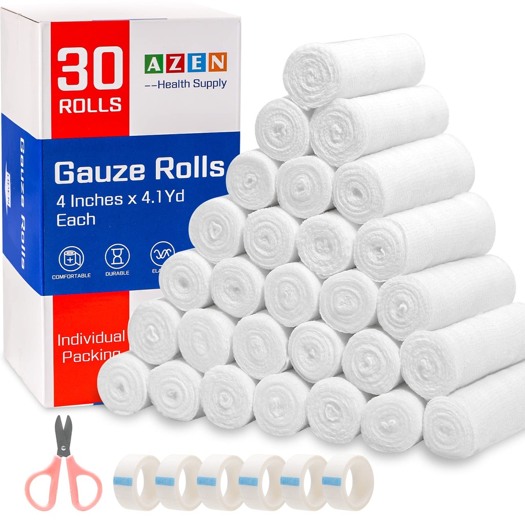 AZEN 30 Pack Gauze 卷带,4英寸x4.1 场、高级医疗用品和急救用品、带状包装蔬菜包装、妈妈包装
