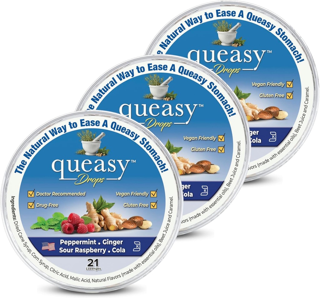 3个Lollies Queasy Drops - Relief from Nausea & Travel Disease - Relieve a Dry Mooth & Settles the Stomach - Natural Infedions - 4 Flavors - 21ct (第3包) (Pack of 3) (英语).
