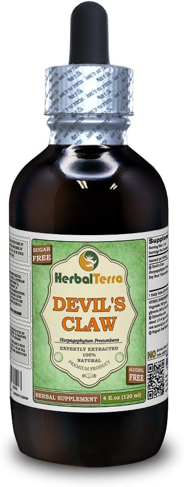 Devil's Claw (Harpagophytum Procumbens) Glycerite,有机干根无酒精液体提取(Brand name: Herbalterra, 自豪地在美国制造) 4 fl.oz (120 ml)