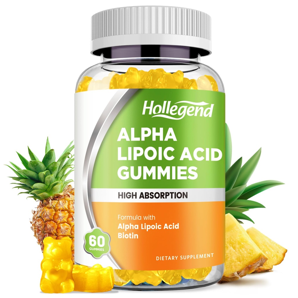 Alpha Lipoic Acid Gummys 1000Mg 配有 Biotin, 高吸收性 Chewable ALA 抗氧化剂补充剂, 脑健康和神经支持, Pineapple Flavor, 无糖, 60 Chews