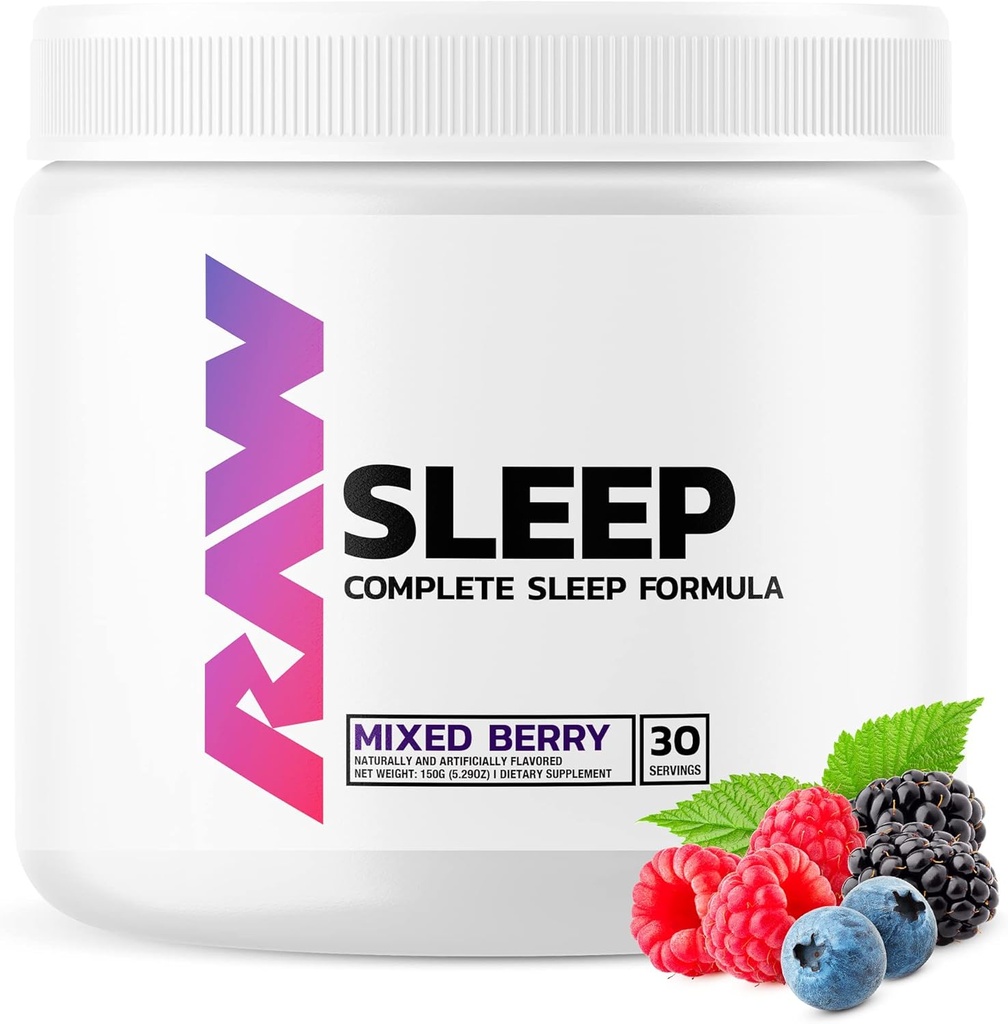 RAW 天然睡眠援助补编 - 与Melatonin、镁、锌、L-Tryptophan和Lemon Balm 提取物一起提供放松增强器和Mood支持,以放松和平静心灵和身体 - 30种服务,混合莓