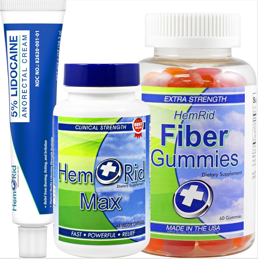HemRid 完整出血支持系统 — Max Formula, Lidocaine Cream & Fiber Gummys 用于即时救援和长期舒适
