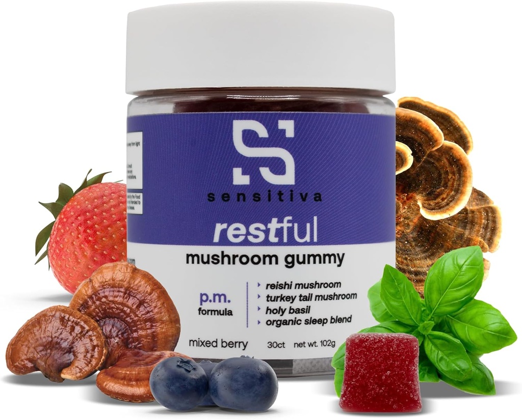 感性休息蘑菇 P.M.公式 - Reishi和土耳其 Tail蘑菇 补充 Gummys,蘑菇 Gummys for Sleep, Relaxation and Relief (Mixed Berry P.M.公式)