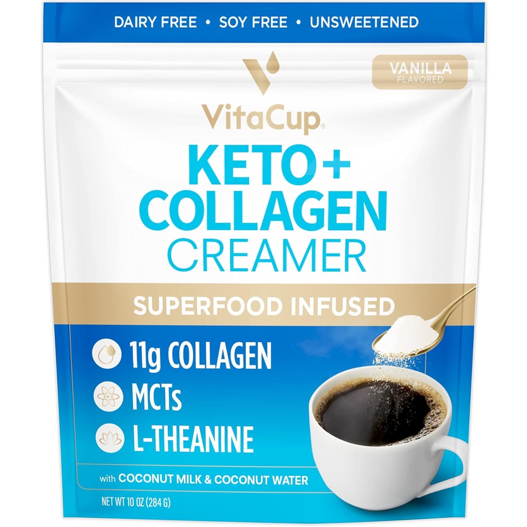 VitaCup Keto + Collagen Coffee Creamer Vanilla Flavor 配有MCT,Collagen蛋白,椰水,L-Thenine 配有 Keto 饮食,用于咖啡,平滑,和摇摆,无乳品,无胶,无豆,10oz