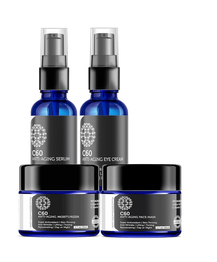 C60 完整的皮肤护理解决方案 - 抗衰老发热剂,面具,眼粉和含碳60超抗氧化剂的血清 - 暗点亮度,甚至皮肤色素,眼区,细线和皱纹