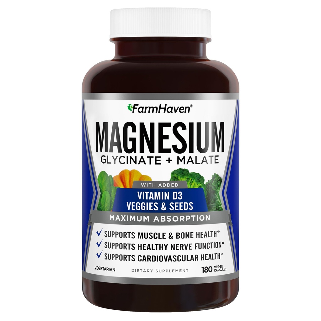 FarmHaven Magnesium Glycnate & Malate Complex w/Vitamin D3, 百分百切除麦斯吸附剂,植物学 — Bone Health, Nerves, Muscles, 180 Capsules, 90天