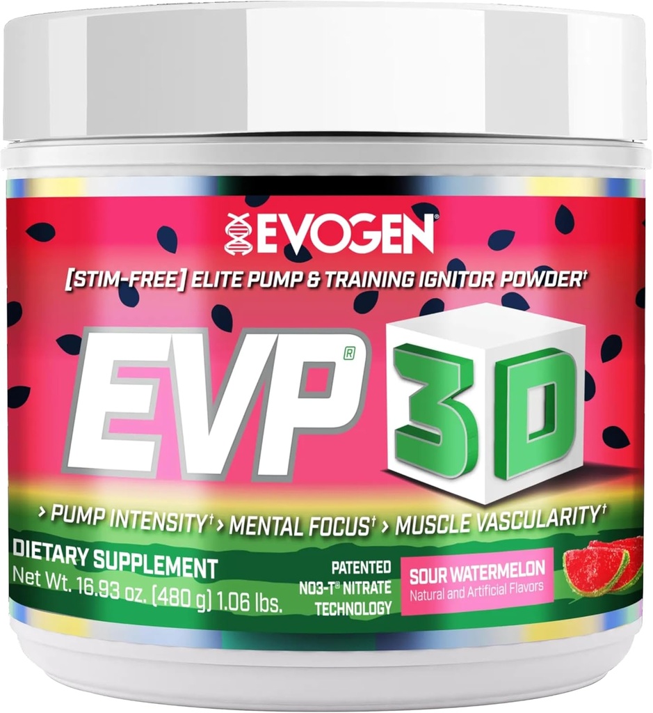 Evogen EVP 3D - 男子和女子的兴奋剂免费工作前粉 - 与Beta Alanine和Creatine合作的无糖非兴奋剂工作前粉 - 能源与泵 - 酸西瓜 - 40 服务