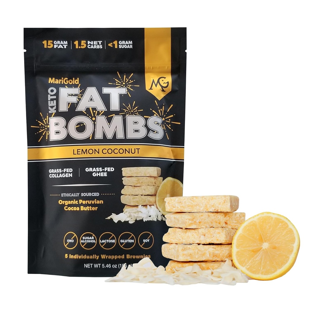MariGold Keto Fat Bombs - Lemon Coconut - 低碳化物,Collagen Rich,草饲料Ghee,有机可可奶油,Gluten-Free,非GMO(1袋,5架)
