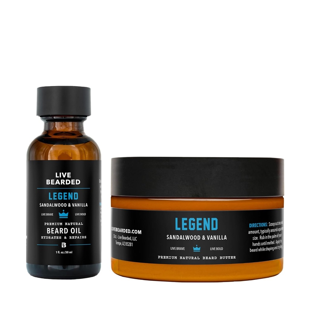 Live Bearded Beard Oil and Butter Grooming Kit - 在美国制造 - 全自然配料 与Shea, Argan, Jojoba - 增长支持 QQ Legend Scent - 桑达尔伍德, 香草