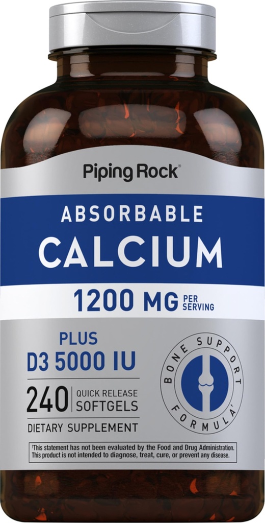 配有维生素D3的Piping Rock Calcium 1200 mg 配有维生素D3 → 240软胶 → 5000 IU 维生素D3 → Absobbable Calcium Supplement → Non-GMO, Gluten Free