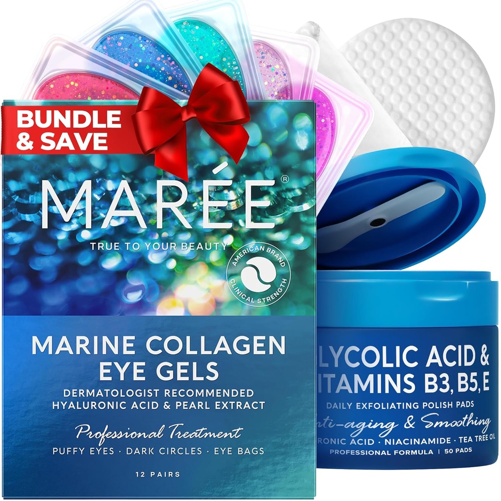 MAREE Skincare Bundle - 眼盖子,面部波兰语 - 毛绒眼和暗圆眼下眼盖子 - 甘油酸 Peel Pades - 海洋Collagen & Hyaluronic酸 - 盐酸和维生素E, B3, B5