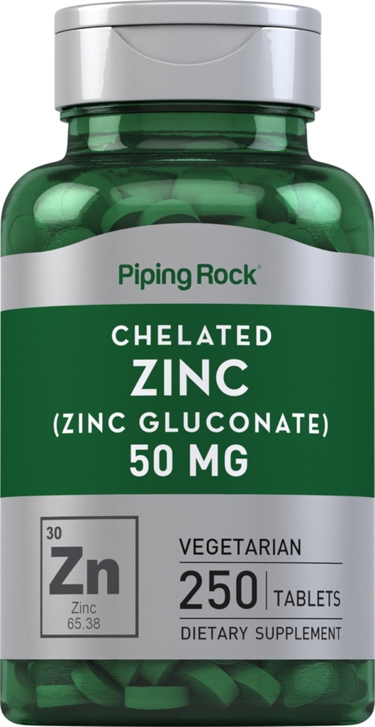 (原始内容存档于2017-09-21). Piping Rock Chelate Zinc 50mg 250 tablets | Gluconate | Vegetarian, Non-GMO, Gluten Free Supplement.